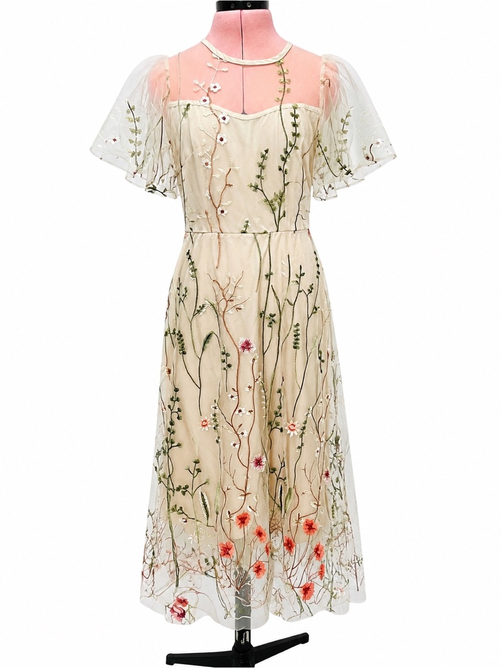 Handmade Fairycore Cottagecore Embroidered Floral Midi Dress